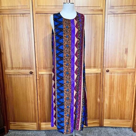 Vintage L.A.N.Y Sleeveless Maxi Dress Aztec African Lightweight 90s - Picture 2 of 5
